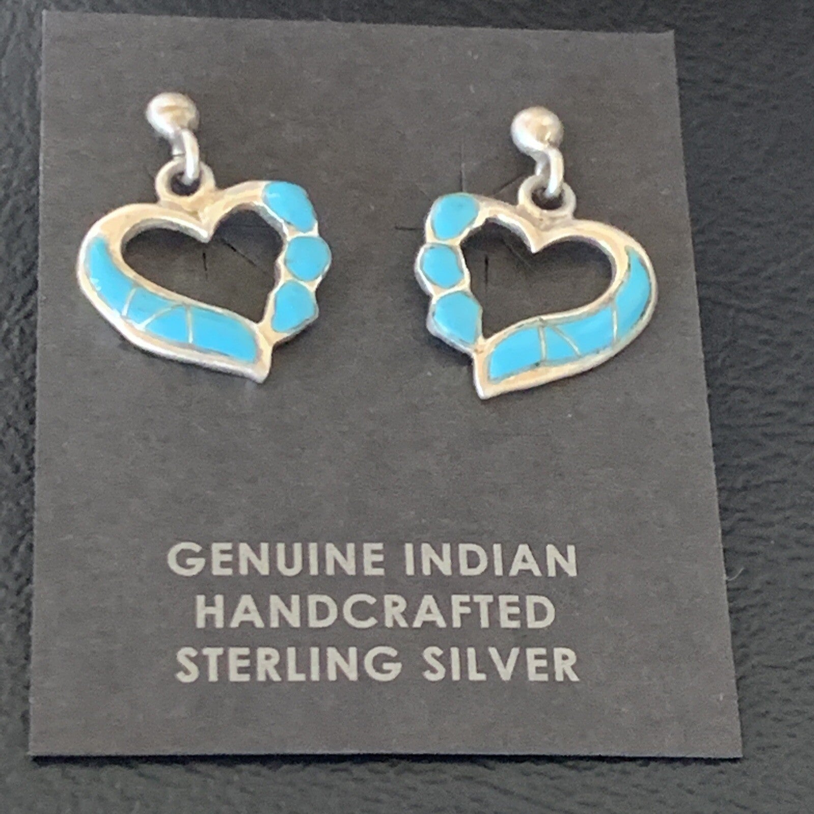 Blue Turquoise Heart Navajo Sterling Silver Dangle Post Earrings 0.5" 12717