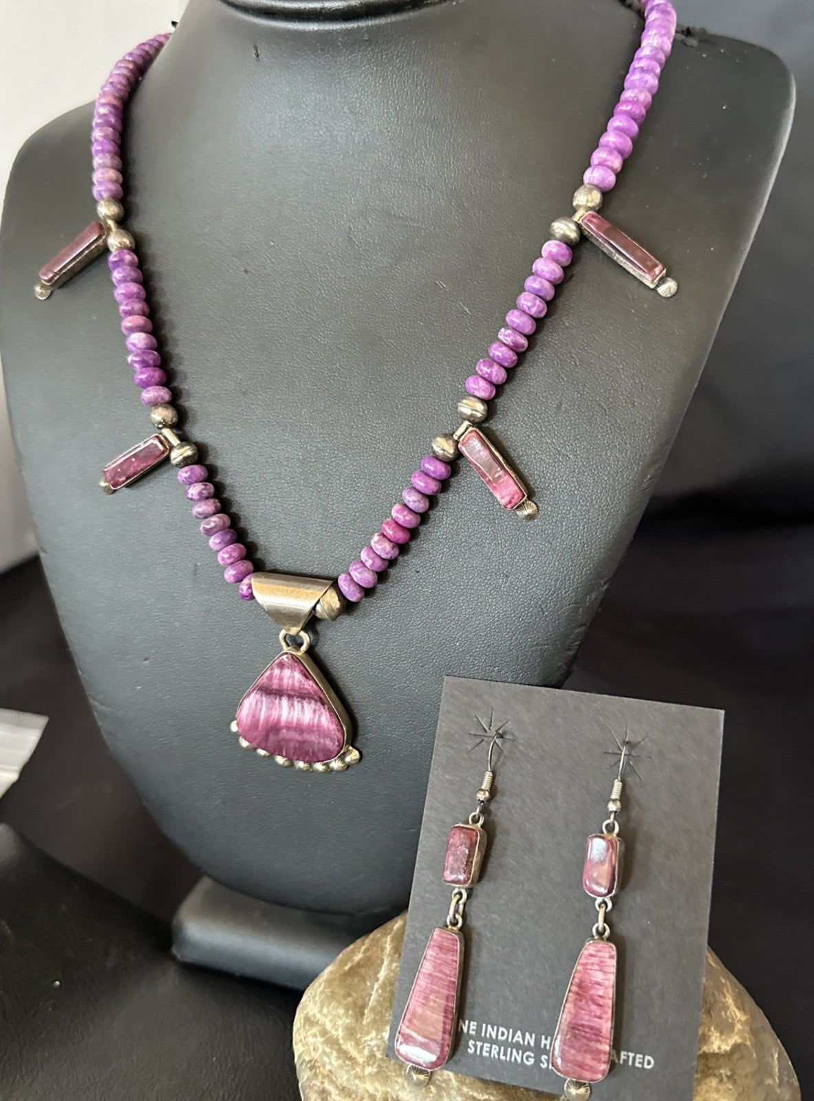 Purple Stone Spiny Oyster Sterling Silver Necklace Earrings 20” 19088 J B