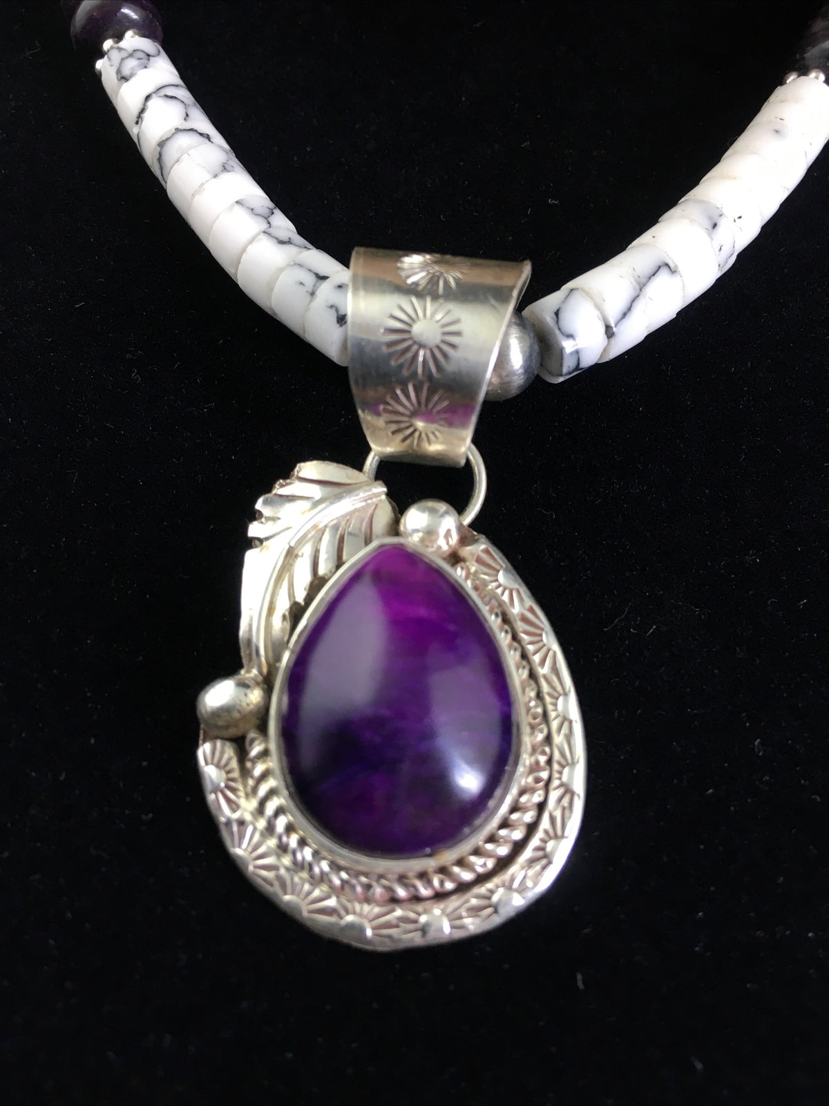 Native  Purple Stone & Howlite Bead Navajo Sterling Silver Necklace 04607