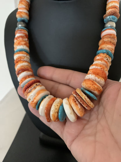 Orange Spiny Oyster Turquoise Navajo Pearls Sterling Necklace 20" 00137