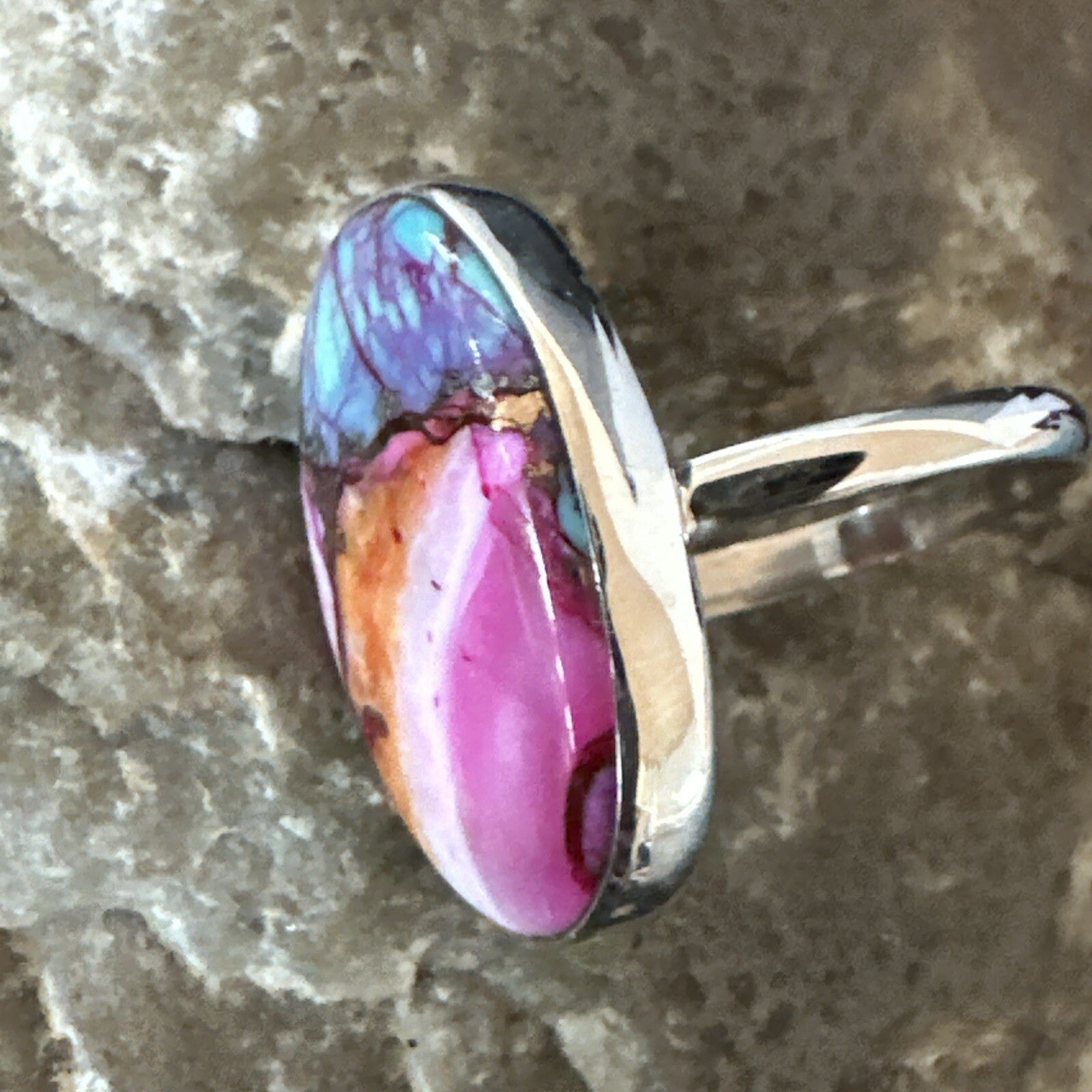 Blue Turquoise Spiny Oyster Southwestern Sterling Silver Ring Size 8 18438