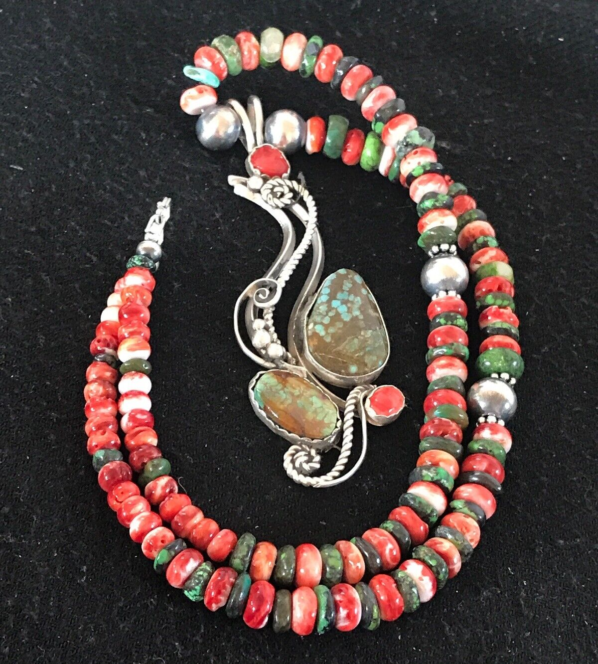 Turquoise #8 & Spiny Oyster Pendant Navajo Sterling Silver Beads Necklace 08646