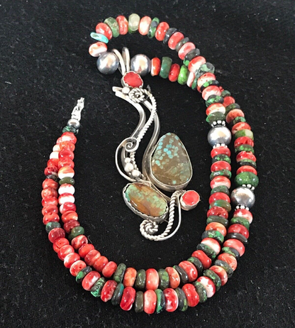 Turquoise #8 & Spiny Oyster Pendant Navajo Sterling Silver Beads Necklace 08646