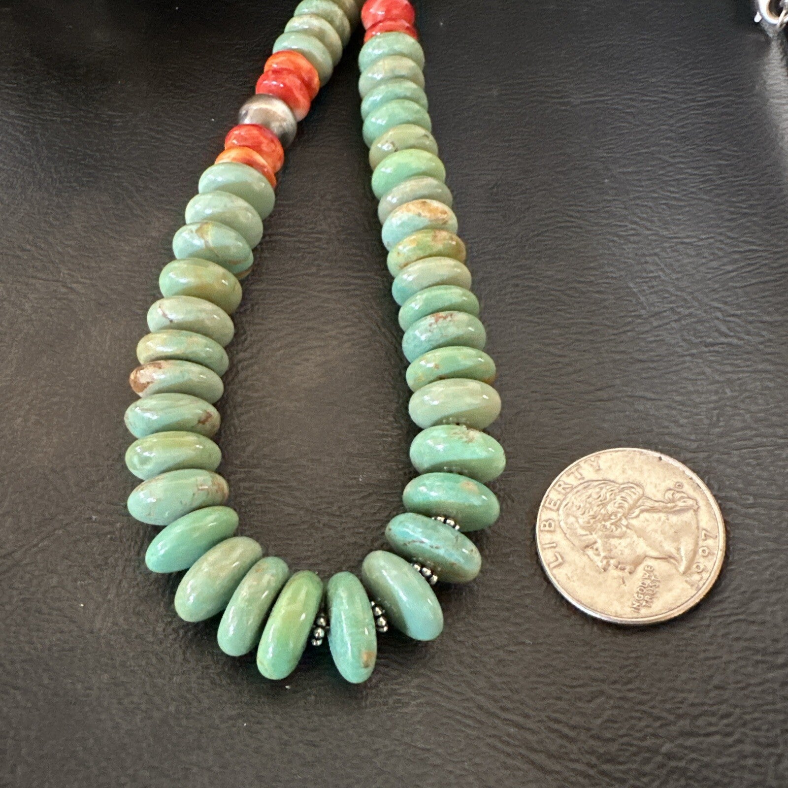 Green Turquoise Spiny Oyster Sterling Silver Beads Necklace 18302