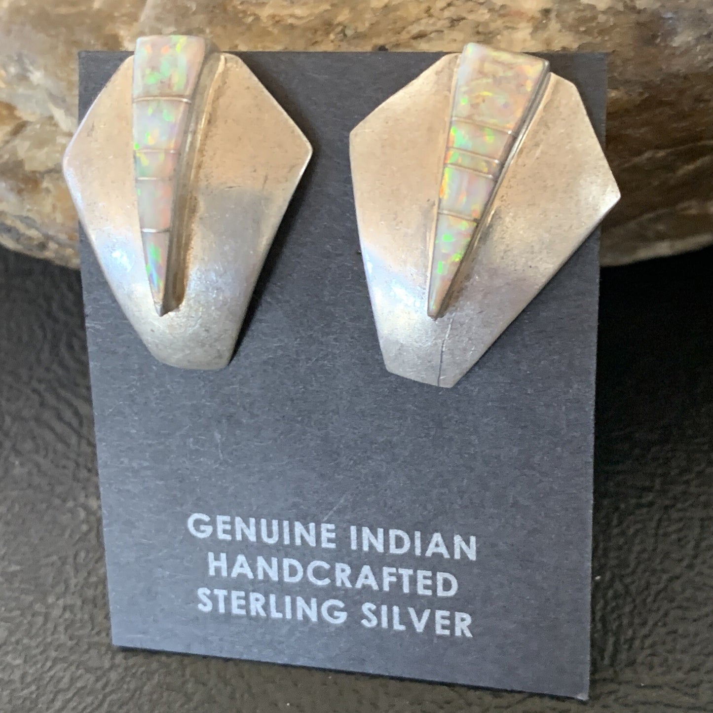 Womens White Opal Inlay Navajo Sterling Silver Dangle Post Earrings 0.5" 12766