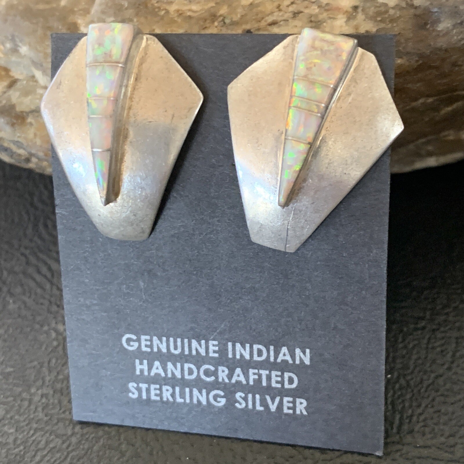 Womens White Opal Inlay Navajo Sterling Silver Dangle Post Earrings 0.5" 12766