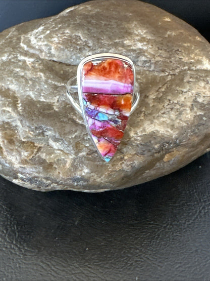 Blue Turquoise Spiny Oyster Southwestern Sterling Silver Ring Size 8.5 18545