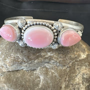 Navajo Pink Conch 3 Stone Cuff Bracelet | Sterling Silver | Authentic Native American Handmade | 18851