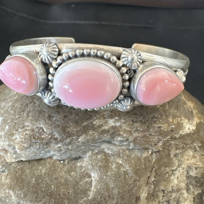 Navajo Pink Conch 3 Stone Sterling Silver Cuff Bracelet 18851