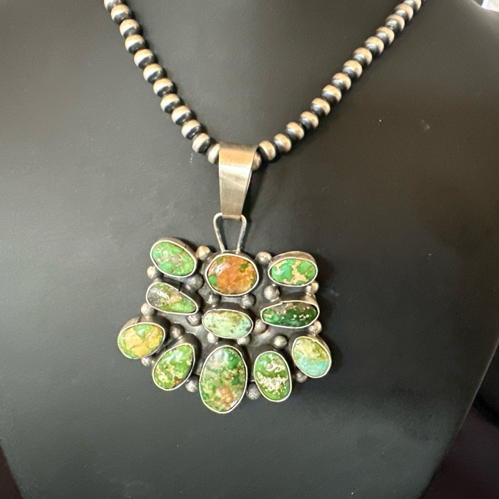 Green Sonoran Gold Turquoise Navajo Sterling Silver Cluster Pendant 19300