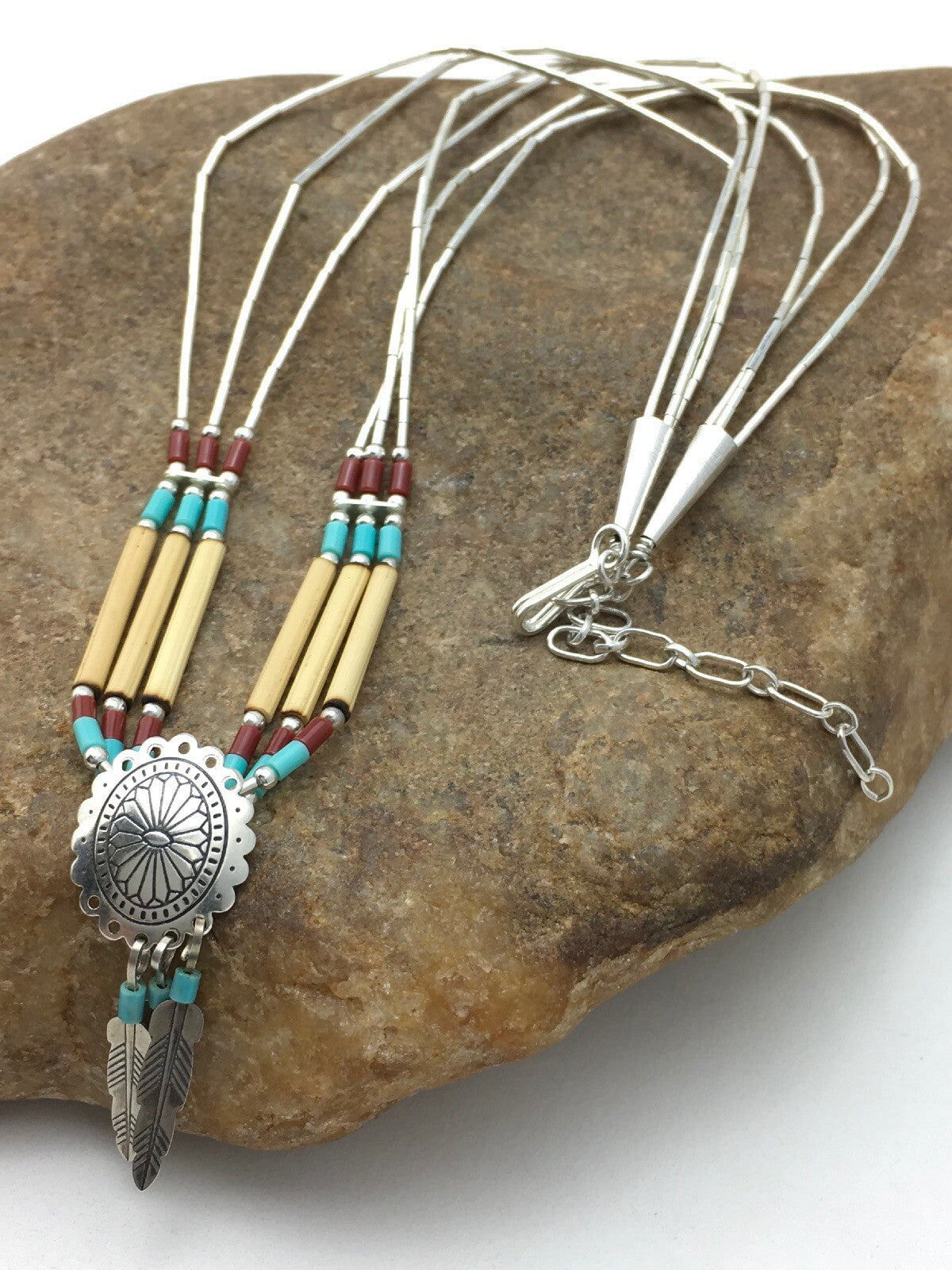 Concho Heishi Tubes 3 Strand Liquid Sterling Silver Navajo Necklace 4373