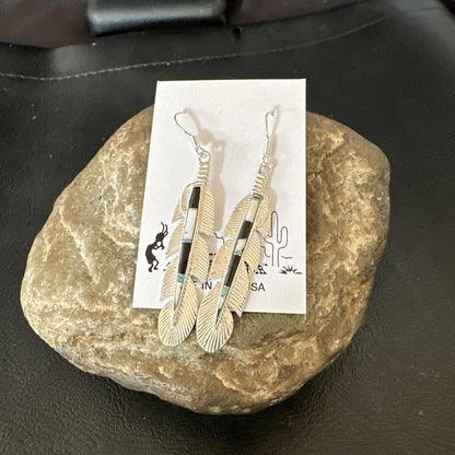 White Buffalo Turquoise Opal Sterling Silver Handmade Feather Earrings 18696