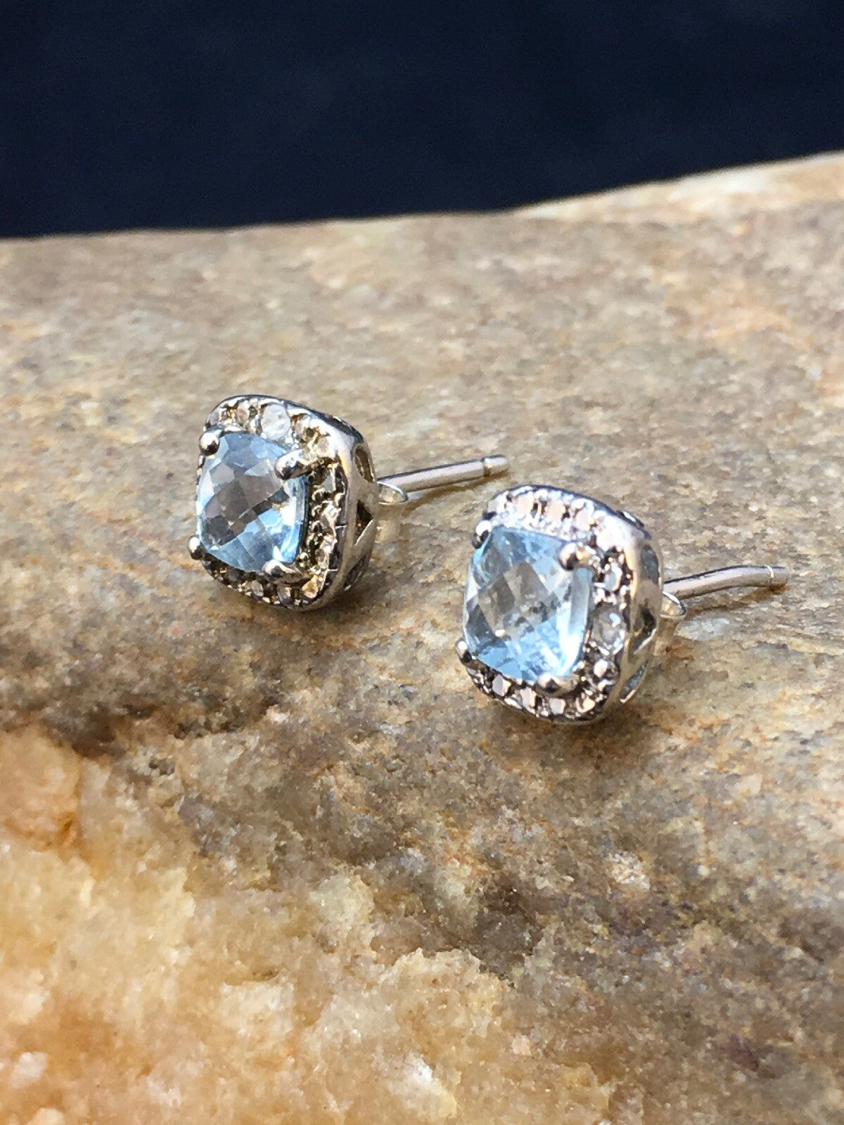 Native American Blue Topaz Studs Navajo Sterling Silver Earrings 08987