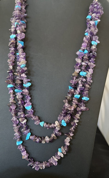 Sterling NAVAJO Purple Amethyst Blue Turquoise 3S Silver Necklace 30” 19569
