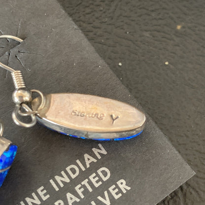 Womens Blue Opal Inlay Navajo Sterling Silver Dangle Earrings 12838