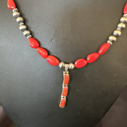 Red Coral Pendant Navajo Pearls Sterling Silver Necklace 23" 18363