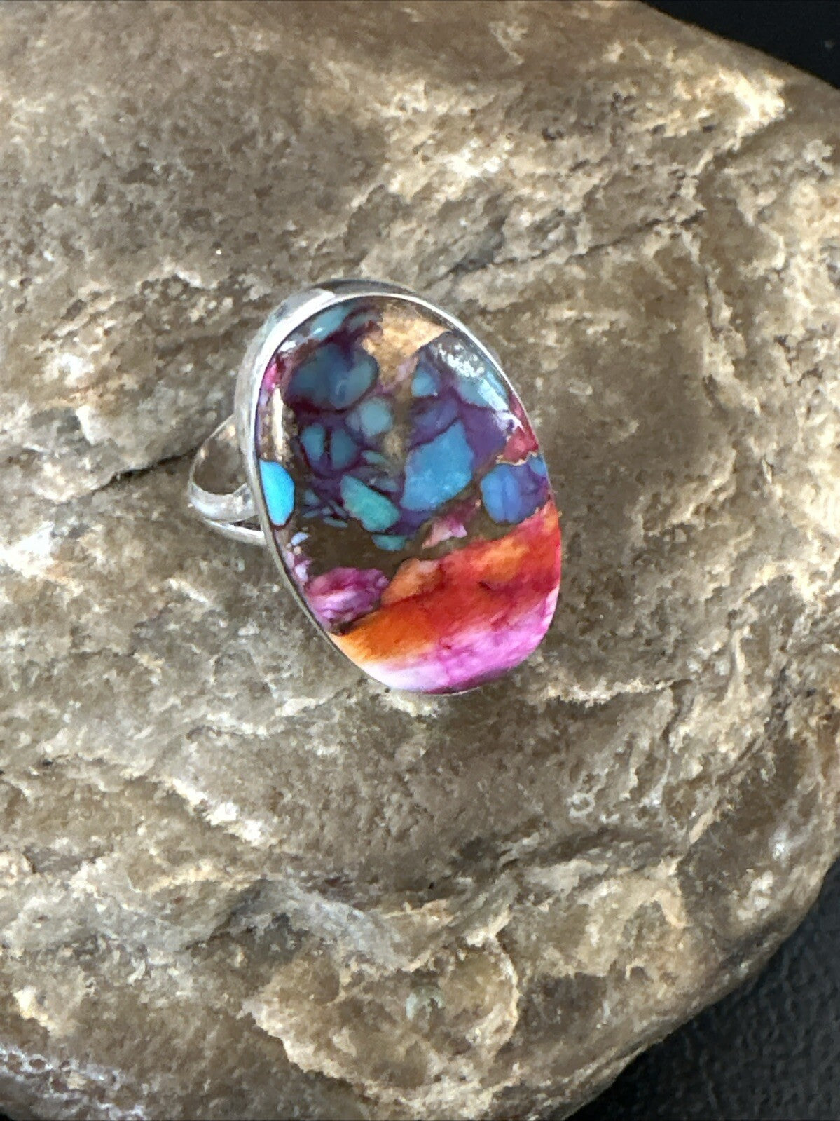 Blue Turquoise Purple Spiny Oyster Navajo Sterling Silver Ring Size 6 18204