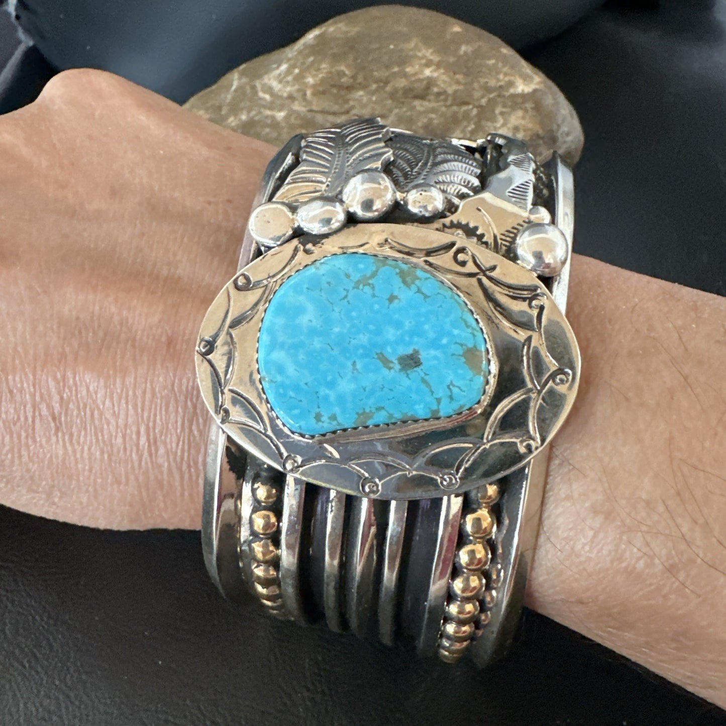 Blue Turquoise Navajo Sterling Silver Cuff Bracelet 12K Gold 19131