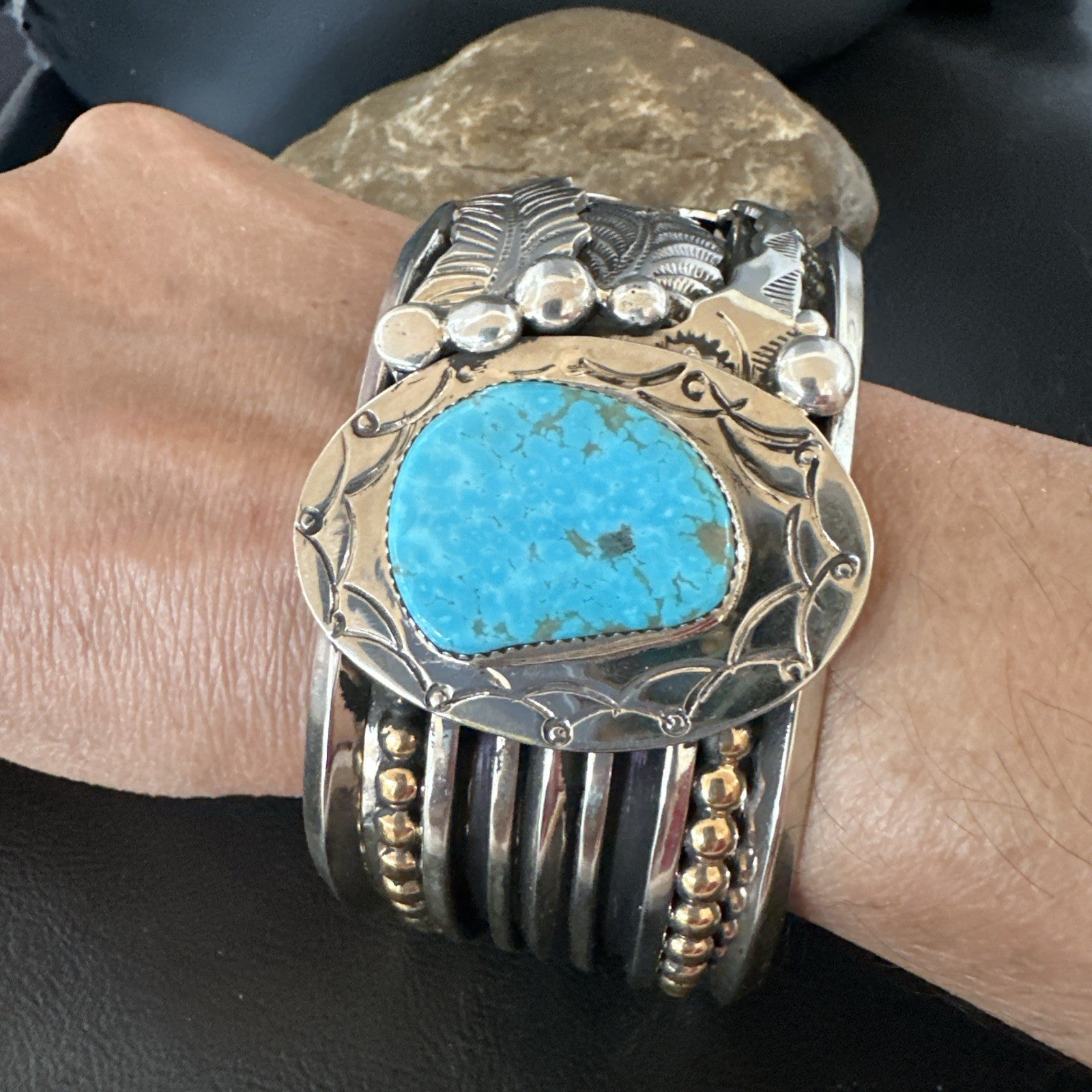 Blue Turquoise Navajo Sterling Silver Cuff Bracelet 12K Gold 19131