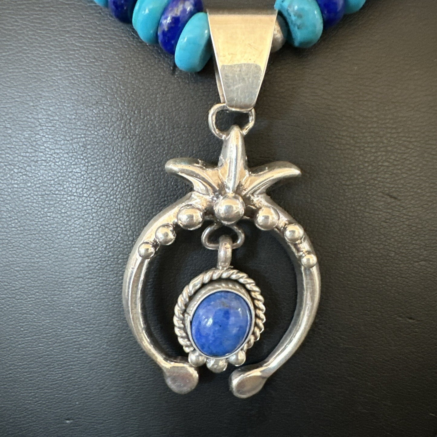 Blue Denim Lapis Turquoise Naja Pendant Navajo Sterling Silver Necklace 21"17688