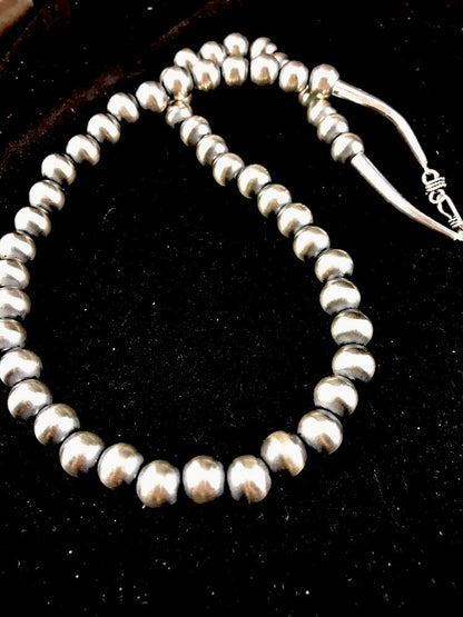 Native American 12mm Sterling Silver Navajo Pearls 24" Hook & Eye Cone Necklace