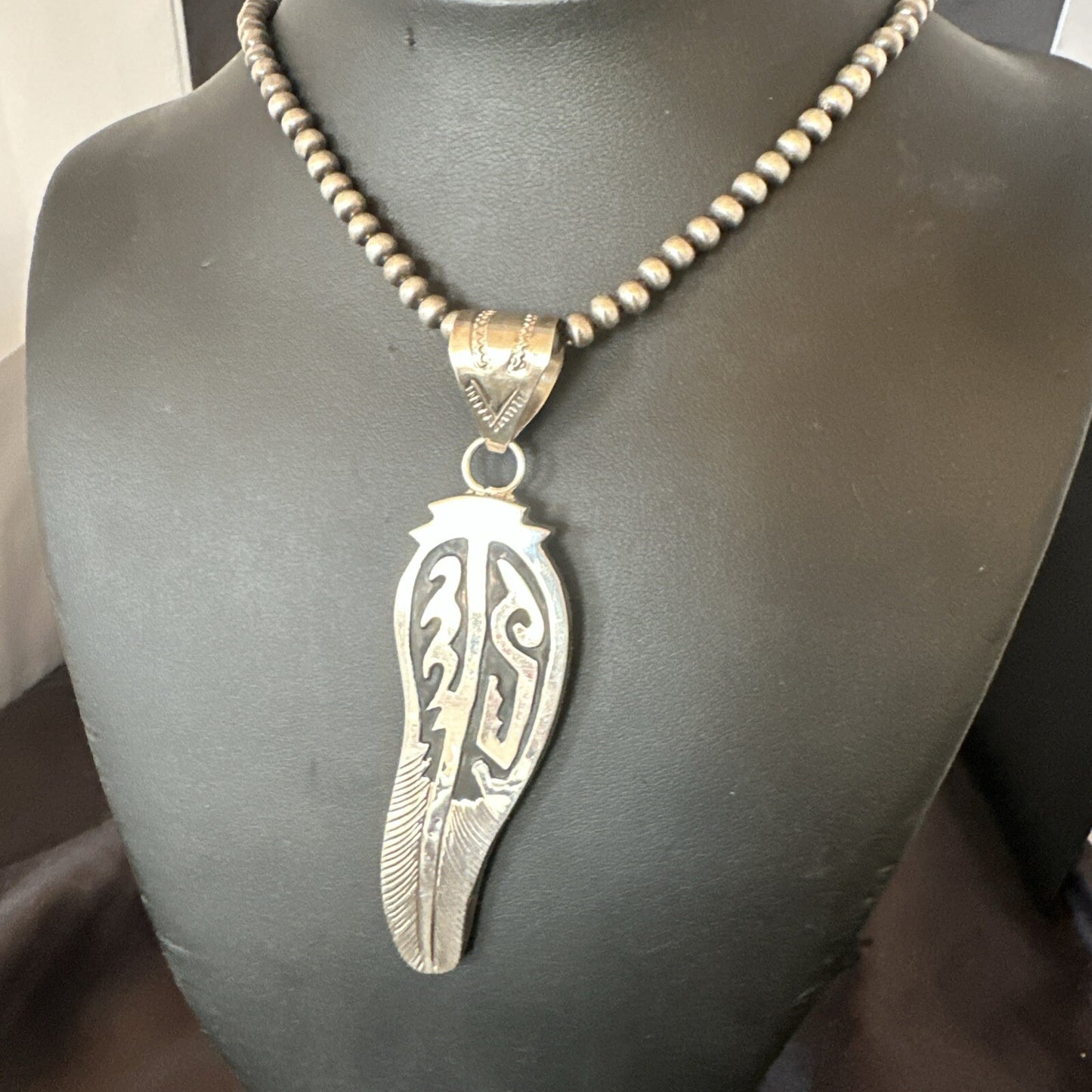 Mens Feather Navajo Sterling Silver Necklace Pendant 18578