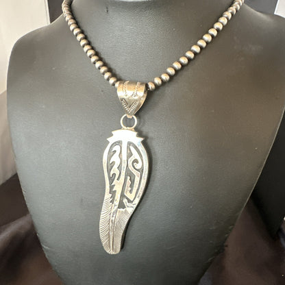 Mens Feather Navajo Sterling Silver Necklace Pendant 18578