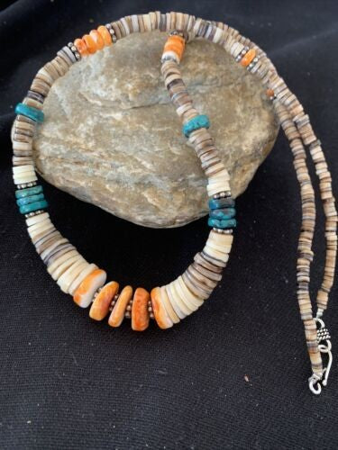 Navajo MultiColor Shell Necklace Sterling Silver Graduated 20" 927