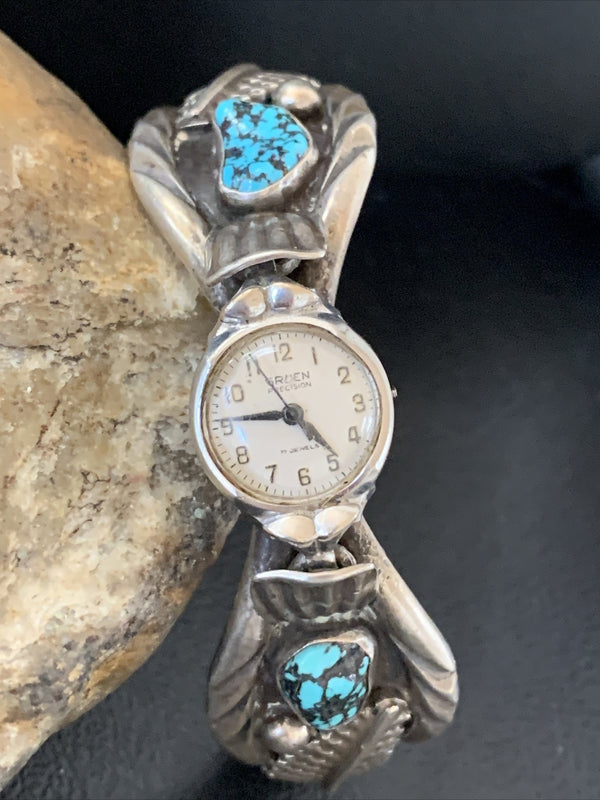 Blue Kingman Turquoise Inlay Navajo Old Pawn Watch Tips | Sterling Silver | Authentic Native American Handmade | 01442