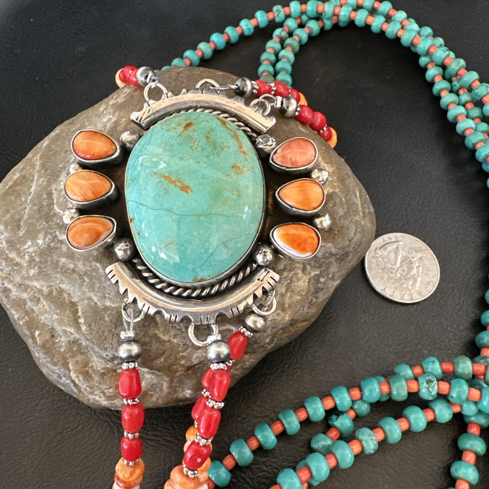 XL Statement Green Turquoise Spiny Navajo 3S Sterling Silver Necklace 34” 19675