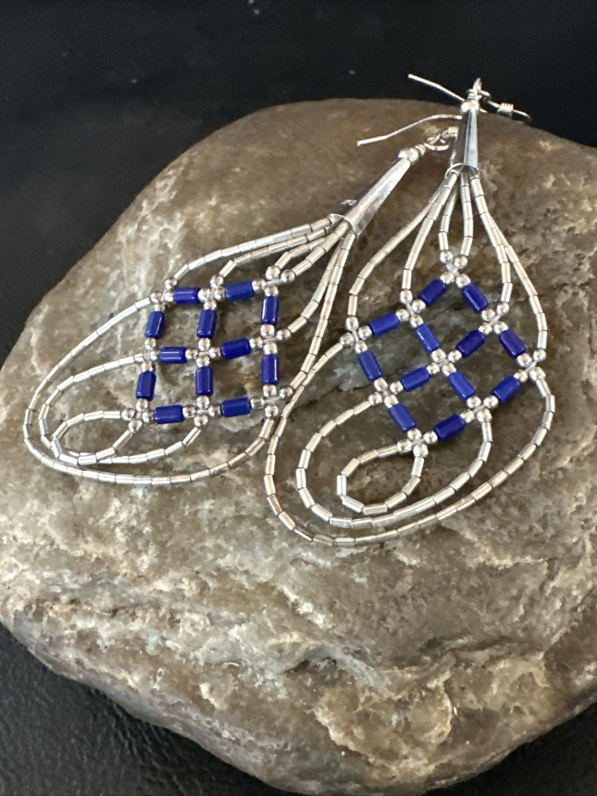Blue Lapis 3 Strand Heishi Liquid Sterling Silver Dangle Earrings 17737