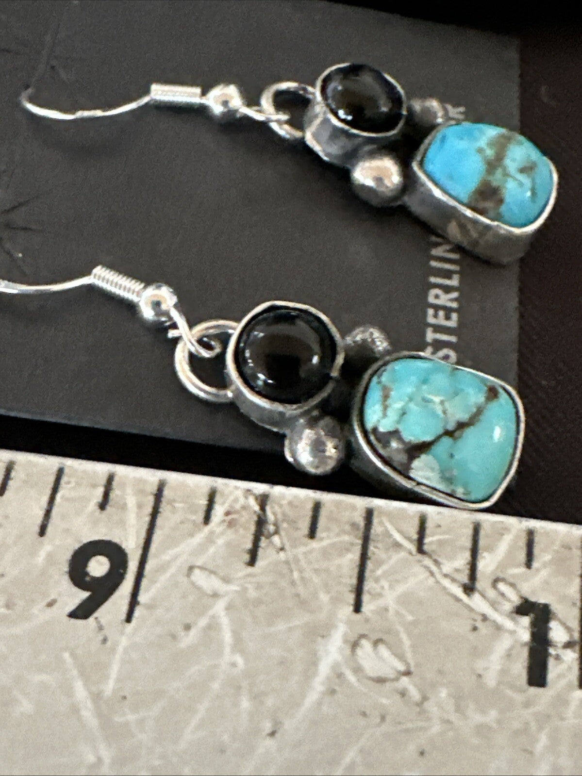 Handmade Kingman Turquoise Onyx Navajo Sterling Silver Dangle Earrings 18847