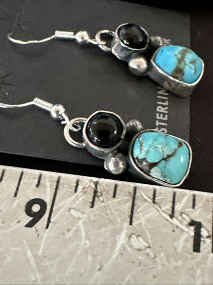 Handmade Kingman Turquoise Onyx Navajo Sterling Silver Dangle Earrings 18847
