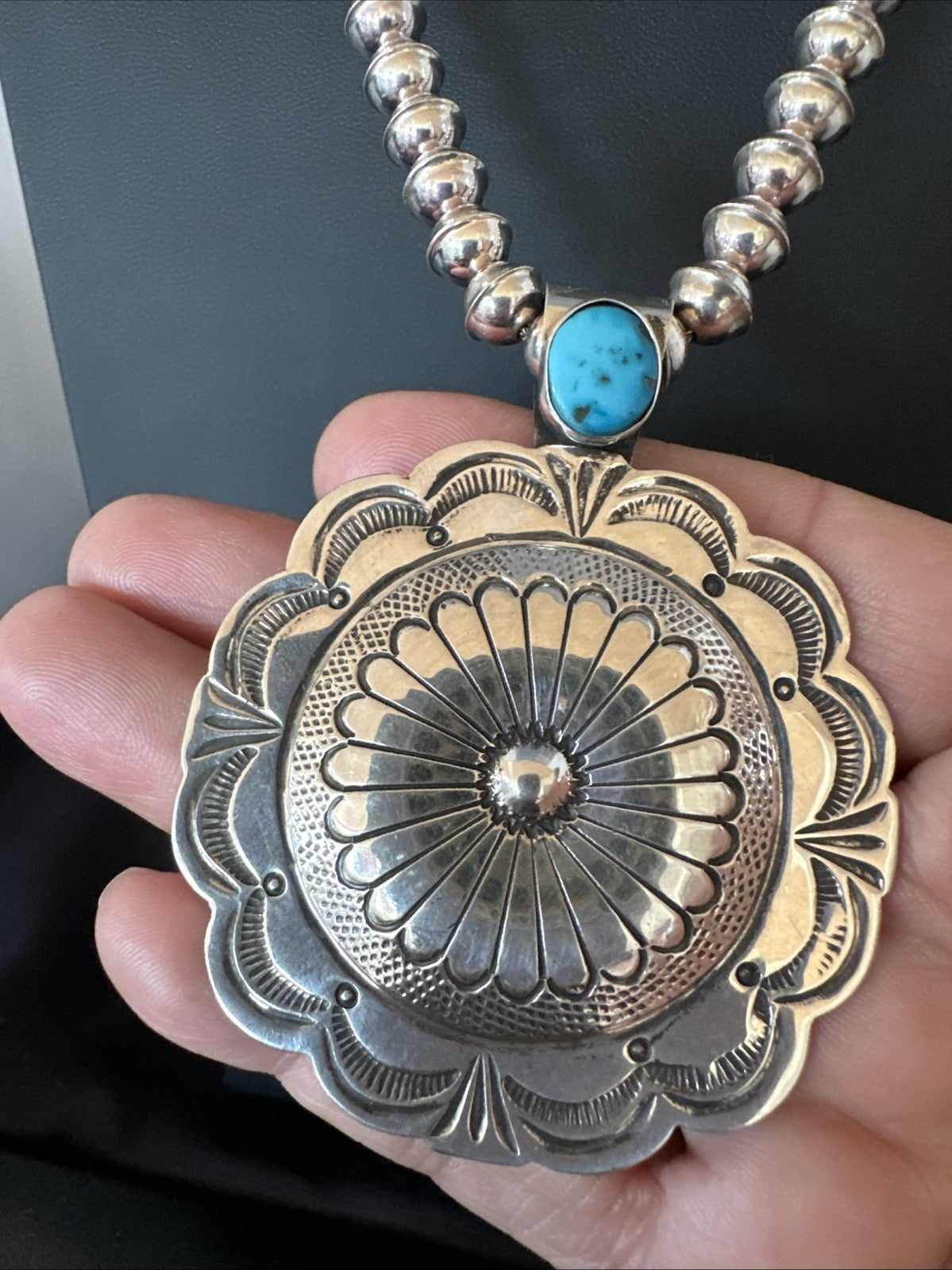 H Joe Navajo Sterling Silver Pendant Blue Kingman Turquoise Necklace 25”19443