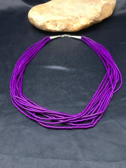 Navajo Stabilized Purple Stone 10S Sterling Silver Tube Heishi Necklace 19” 4195