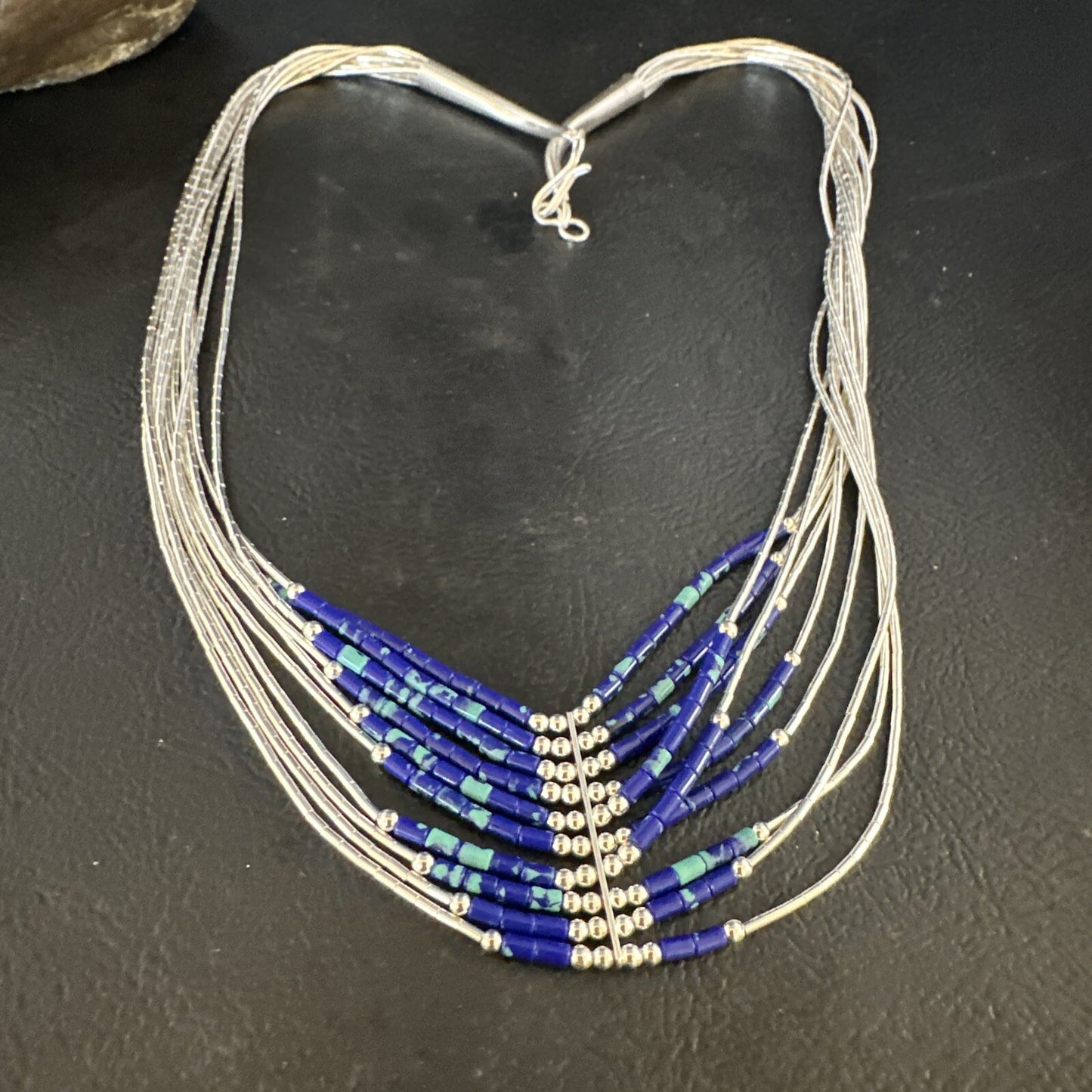 Blue Green Azurite Heishi 10Strand Stabilized Sterling Silver Necklace 18" 15135