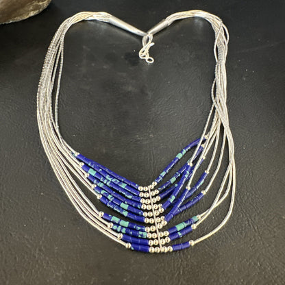 Blue Green Azurite Heishi 10Strand Stabilized Sterling Silver Necklace 18" 15135