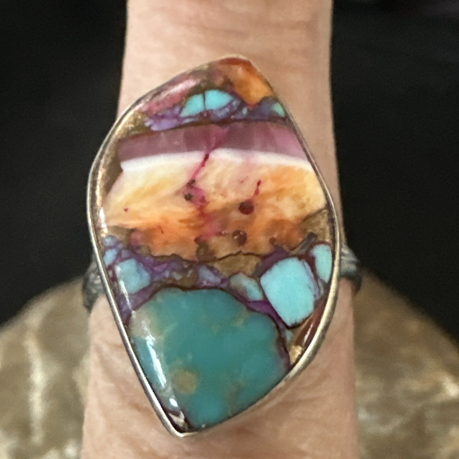 Blue Turquoise Spiny Oyster Southwestern Sterling Silver Ring Size 8 18440