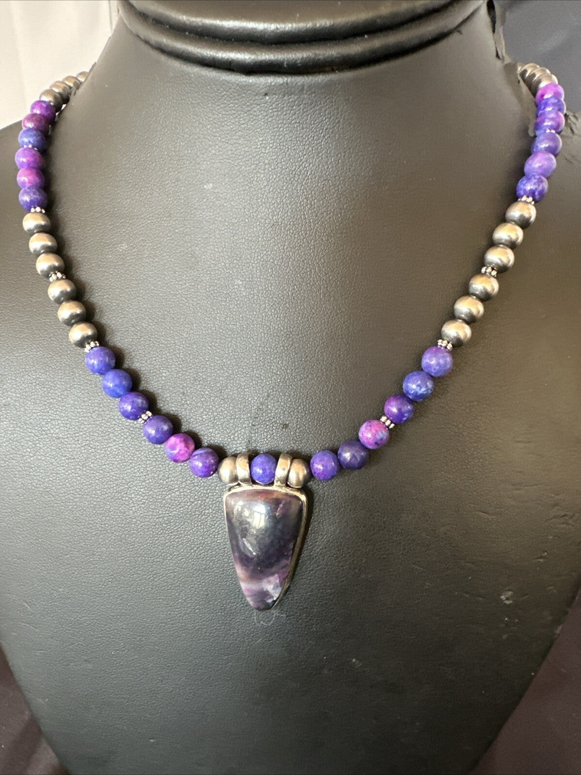 Purple Stone Pendant Navajo Pearls Sterling Silver Necklace 22” 18294