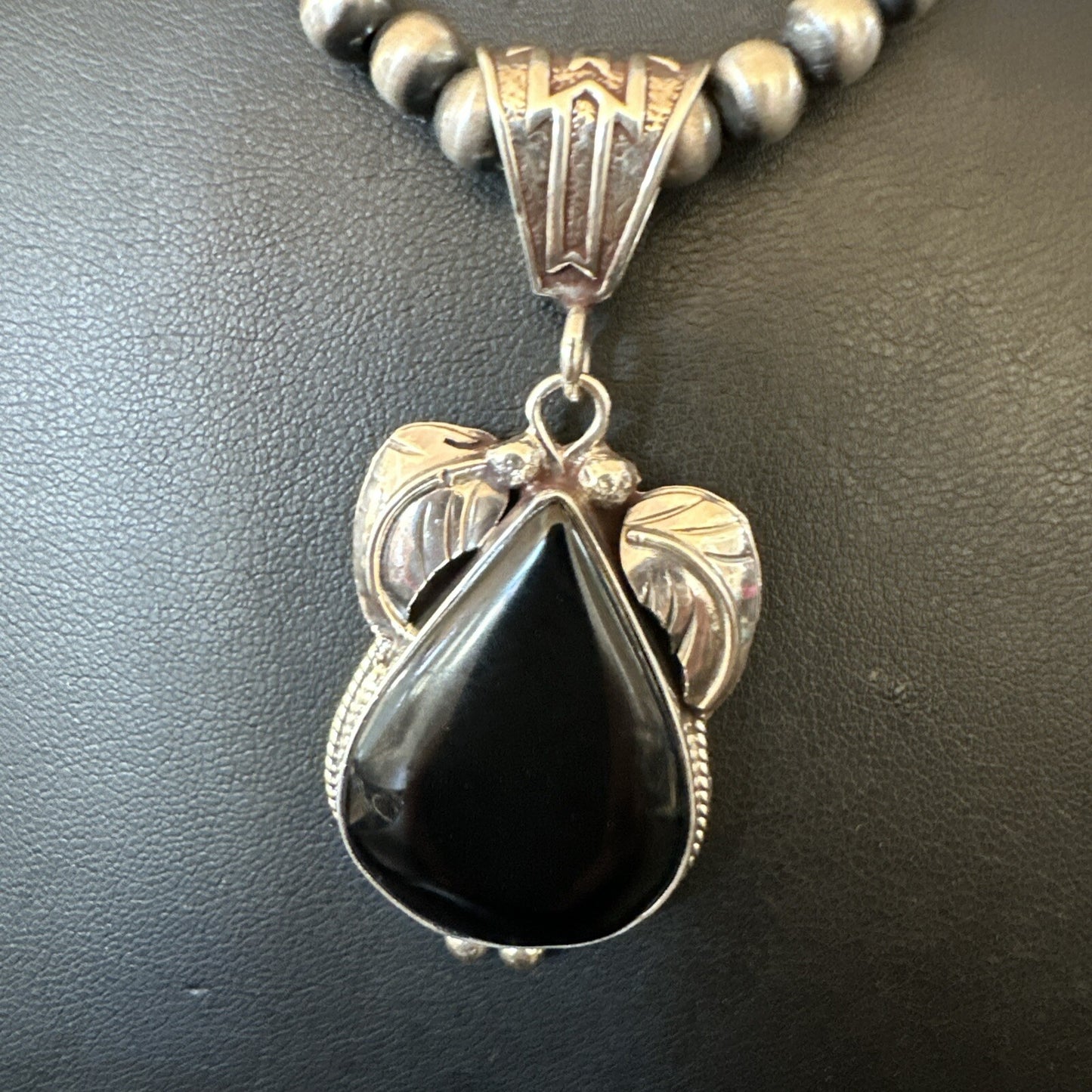Mens Womens Black Onyx Pendant Navajo Sterling Silver Beads Necklace 18351