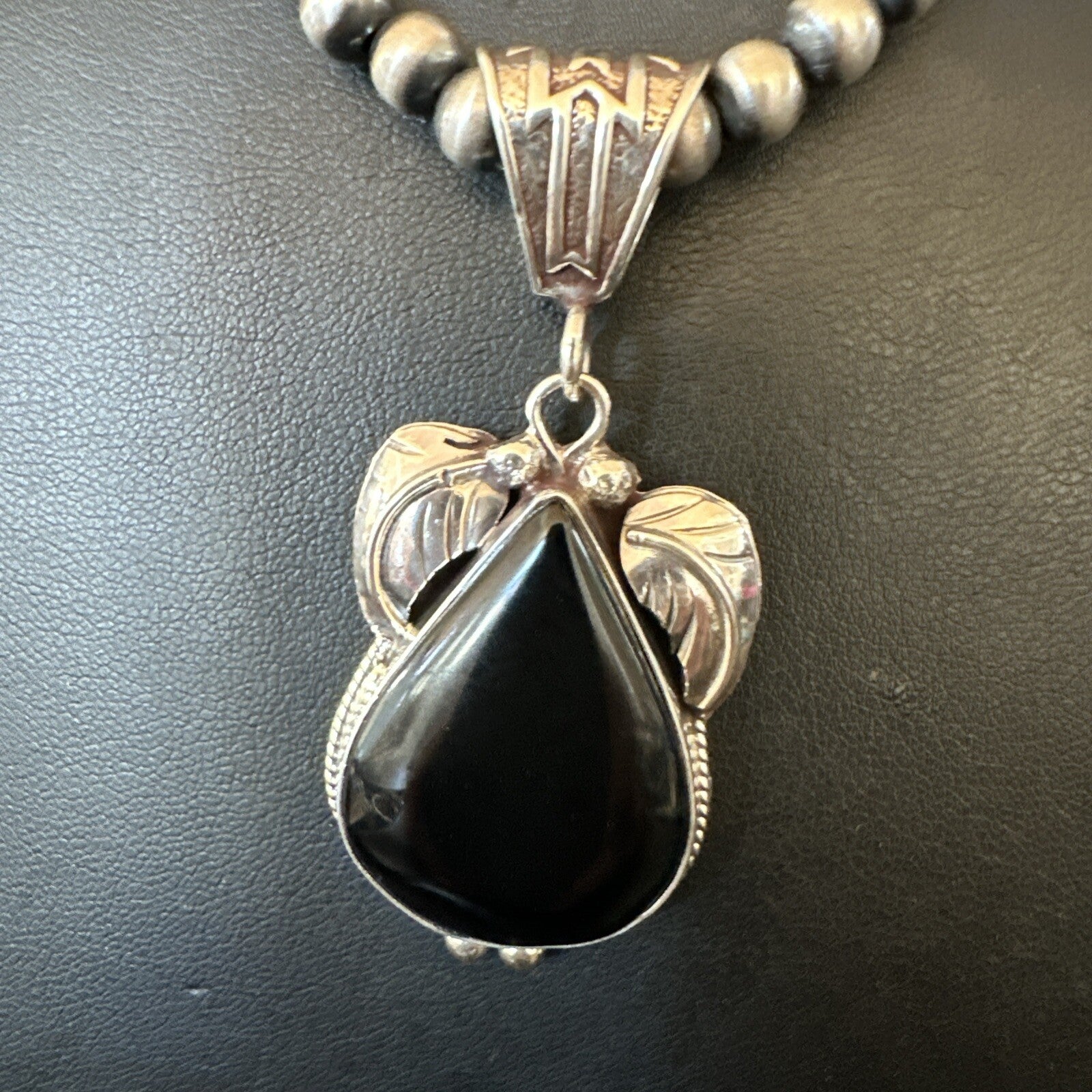 Mens Womens Black Onyx Pendant Navajo Sterling Silver Beads Necklace 18351