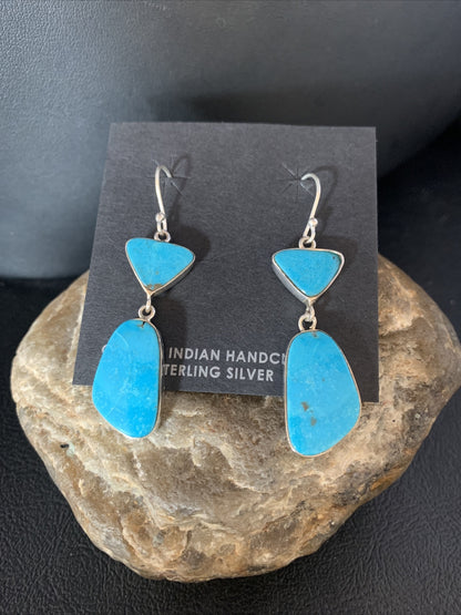 Blue Kingman Turquoise Navajo Sterling Silver Dangle Earrings 14073
