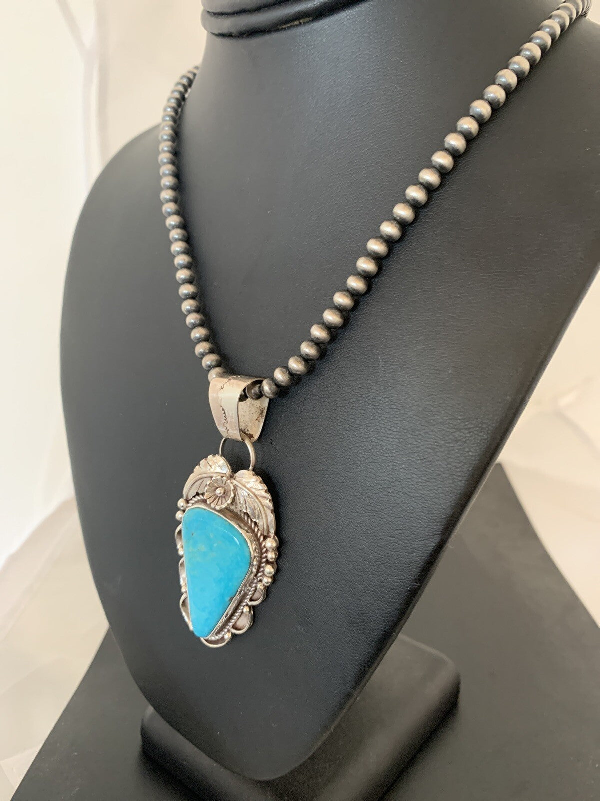 Blue Kingman Turquoise Pendant Navajo Pearls Sterling Silver Necklace 20" 00392