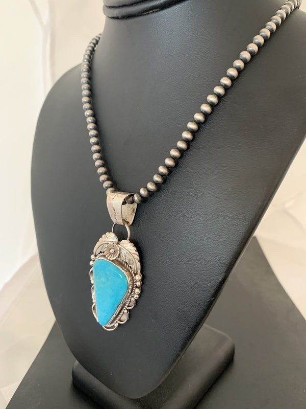 Blue Kingman Turquoise Pendant Navajo Pearls Necklace 20" | Sterling Silver | Authentic Native American Handmade | 00392