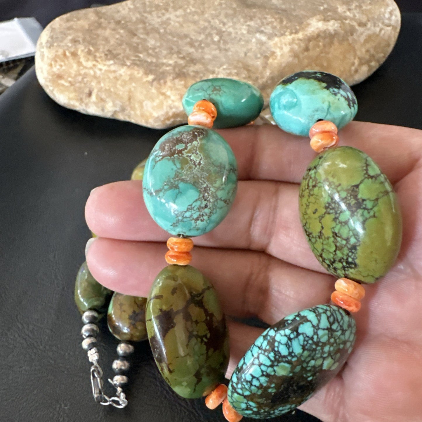 Blue Green Turquoise Spiny Chunky Navajo Sterling Silver Necklace 22” 19253