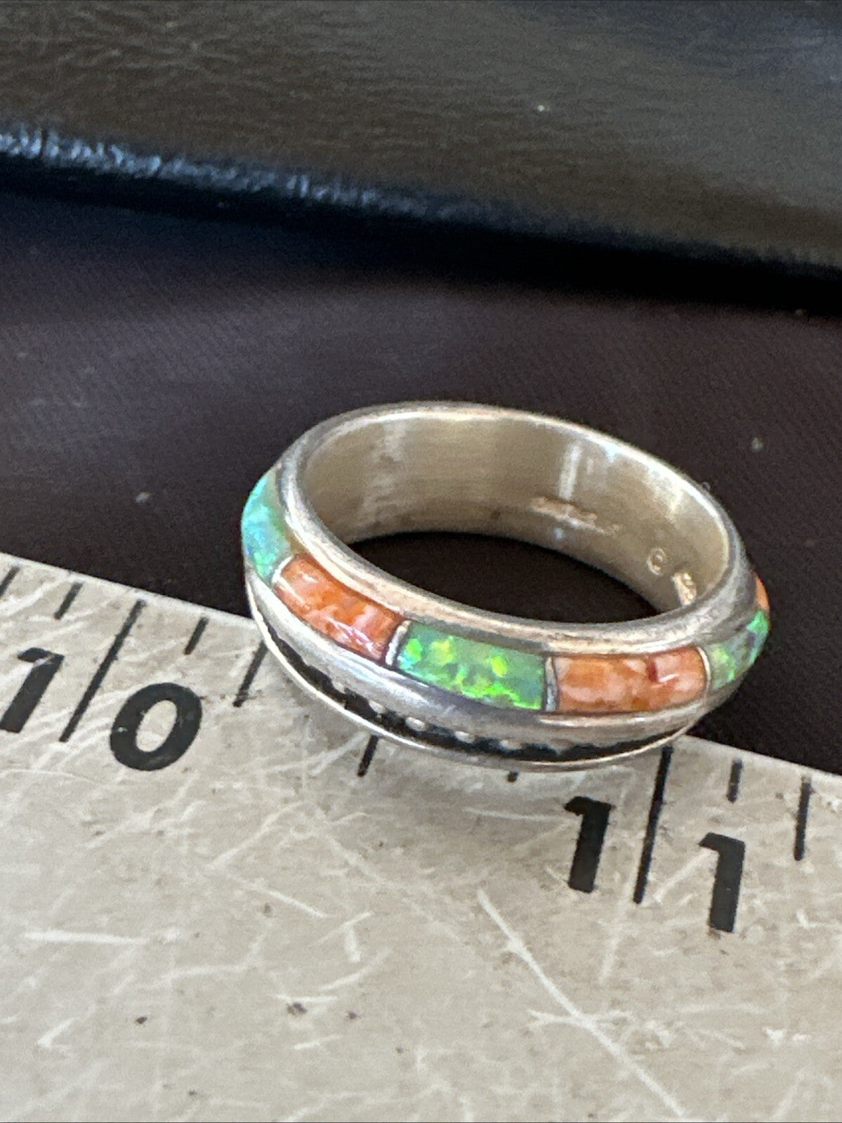 Green Opal Orange Spiny Navajo Sterling Silver Band Inlay Ring Size 9 18811
