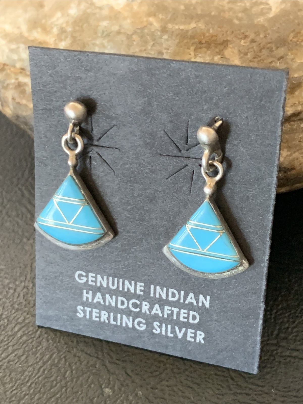Blue Turquoise Inlay Zuni Sterling Silver Dangle Post Earrings 1" 12747