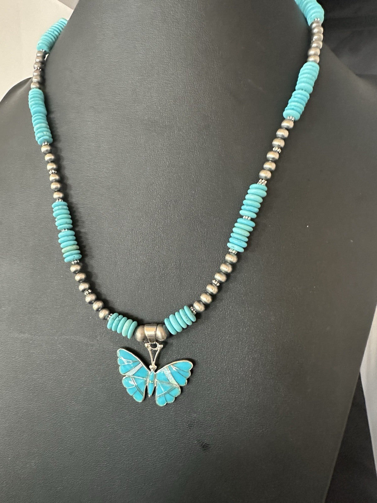 Butterfly Blue Turquoise Opal Pendant Navajo Sterling Silver Necklace 19511