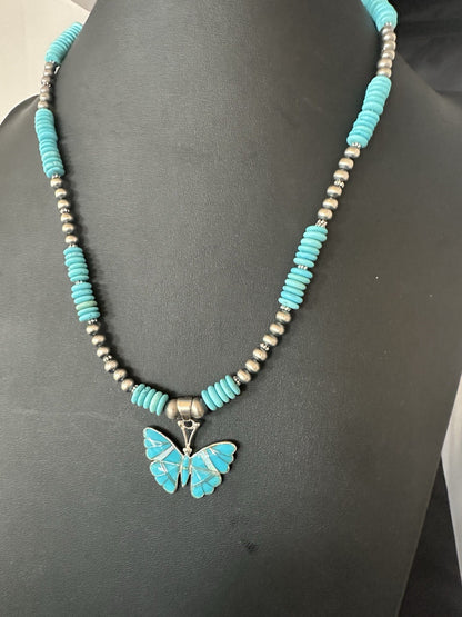 Butterfly Blue Turquoise Opal Pendant Navajo Sterling Silver Necklace 19511
