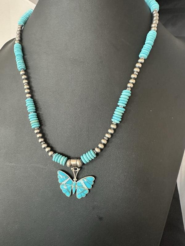 Butterfly Blue Turquoise Opal Pendant Navajo Necklace | Sterling Silver | Authentic Native American Handmade | 19511